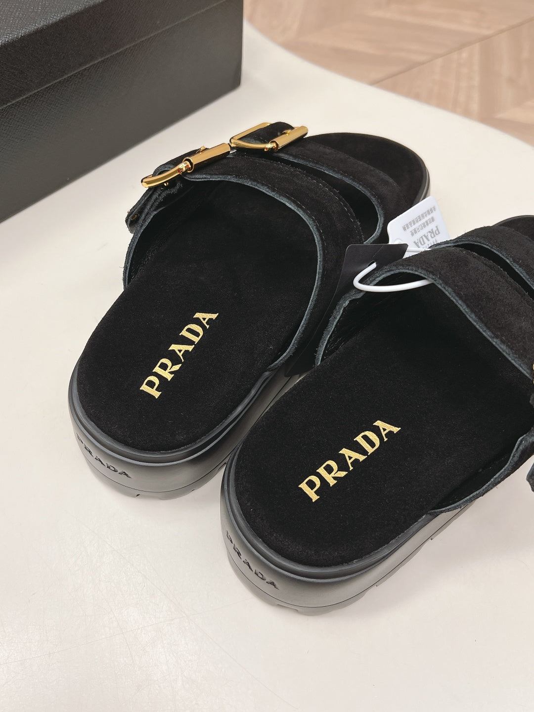 PRADA 26S DOUBLE STRAP PLATFORM SLIDES SANDALS IN BLACK SUEDE