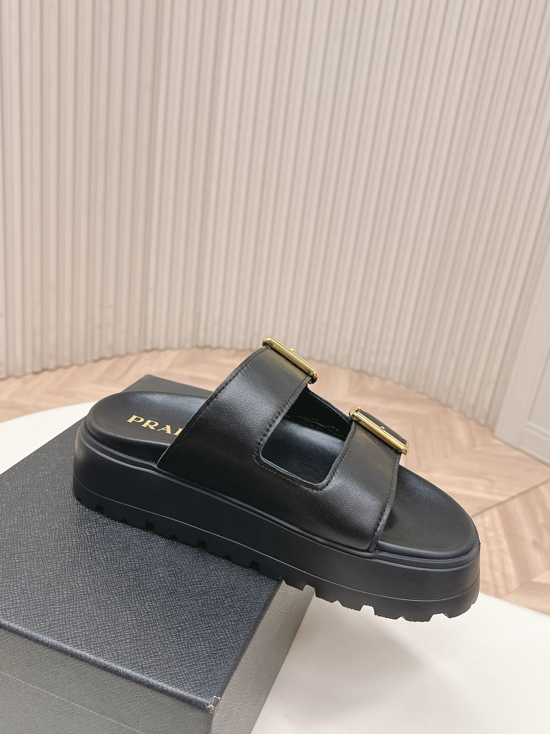 PRADA 26S DOUBLE STRAP PLATFORM SLIDES SANDALS IN BLACK CALFSKIN