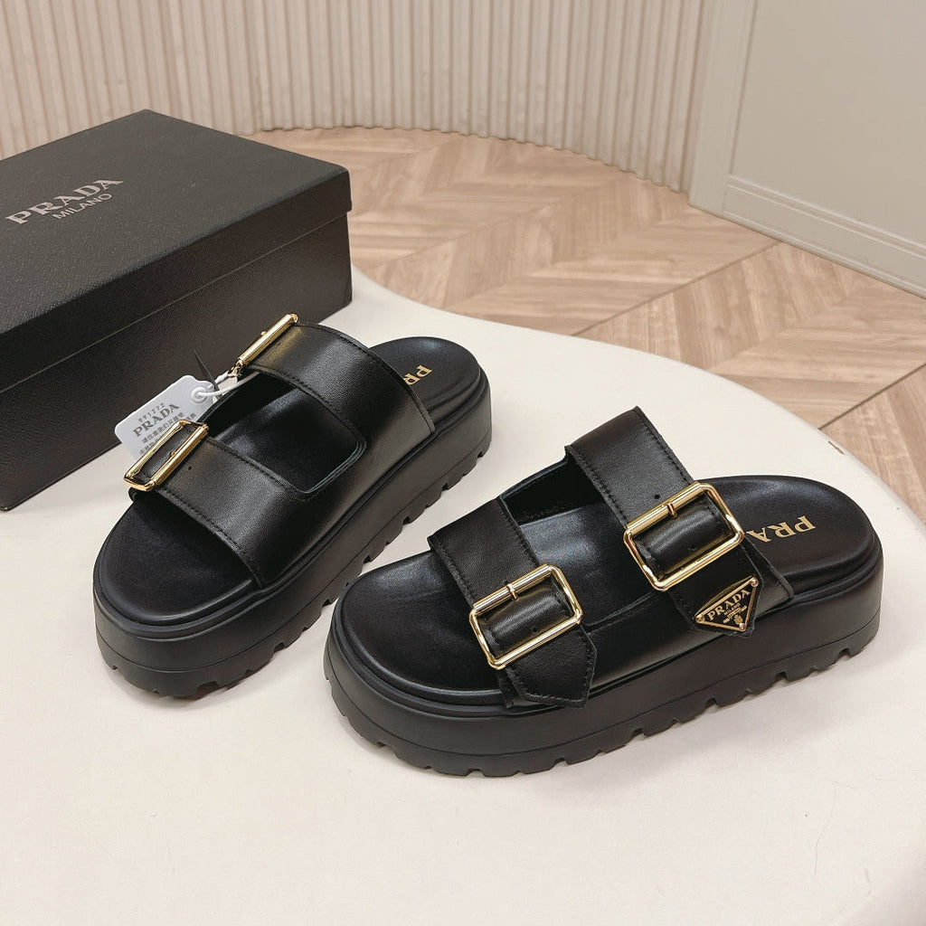 PRADA 26S DOUBLE STRAP PLATFORM SLIDES SANDALS IN BLACK CALFSKIN