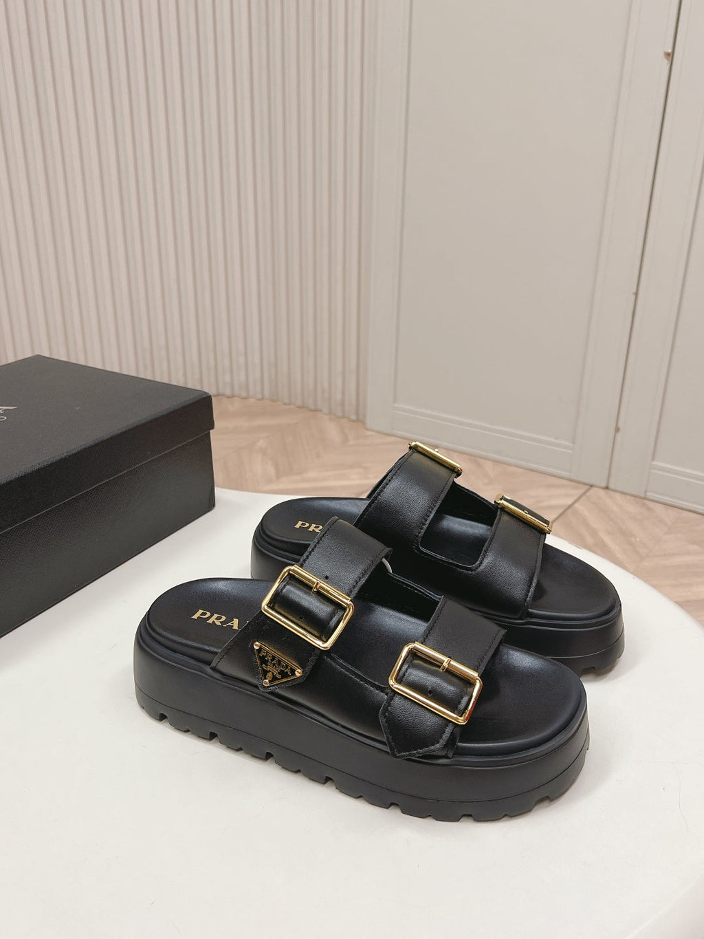 PRADA 26S DOUBLE STRAP PLATFORM SLIDES SANDALS IN BLACK CALFSKIN