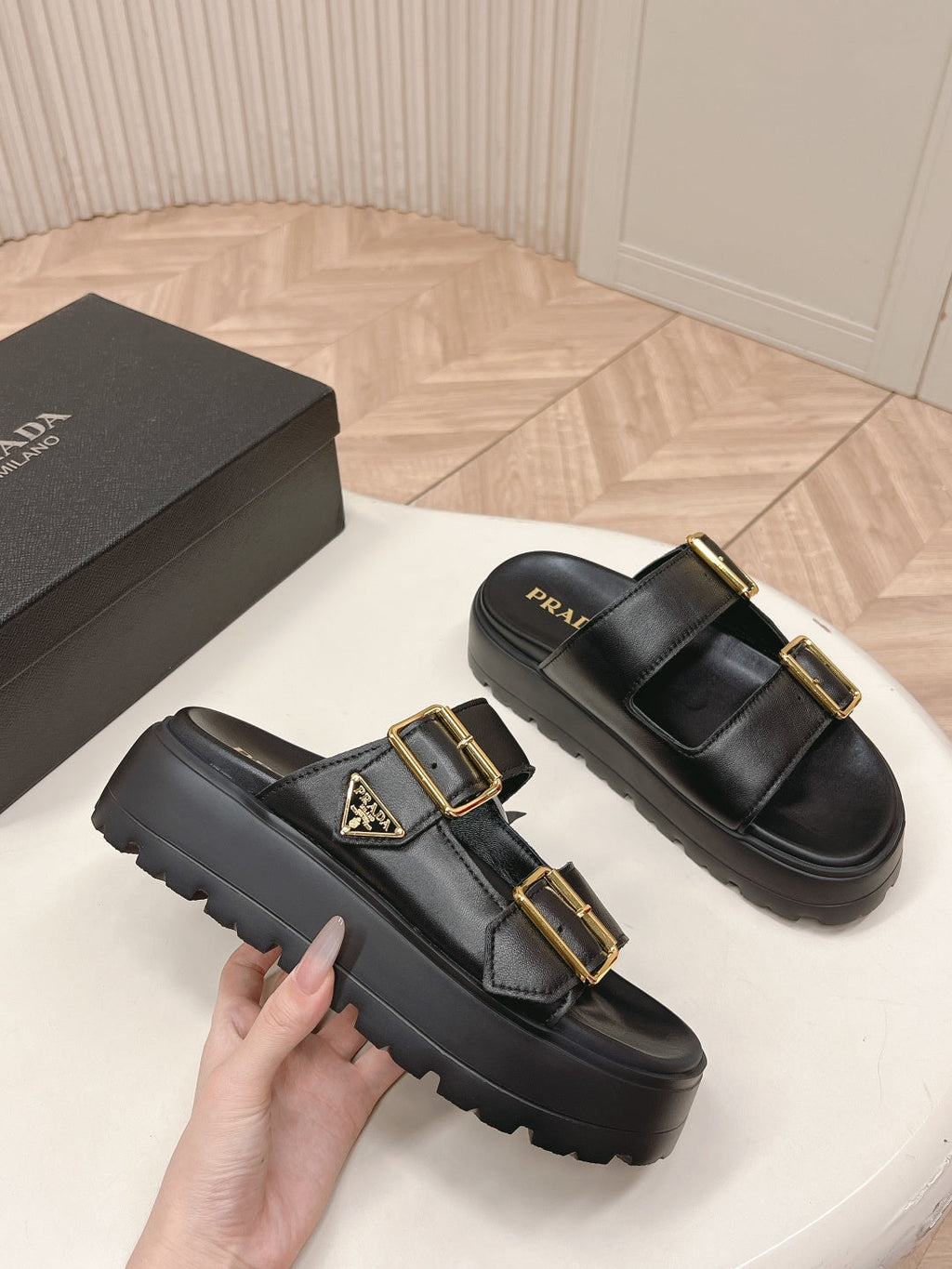 PRADA 26S DOUBLE STRAP PLATFORM SLIDES SANDALS IN BLACK CALFSKIN
