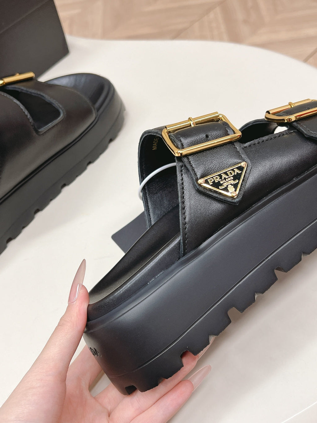 PRADA 26S DOUBLE STRAP PLATFORM SLIDES SANDALS IN BLACK CALFSKIN