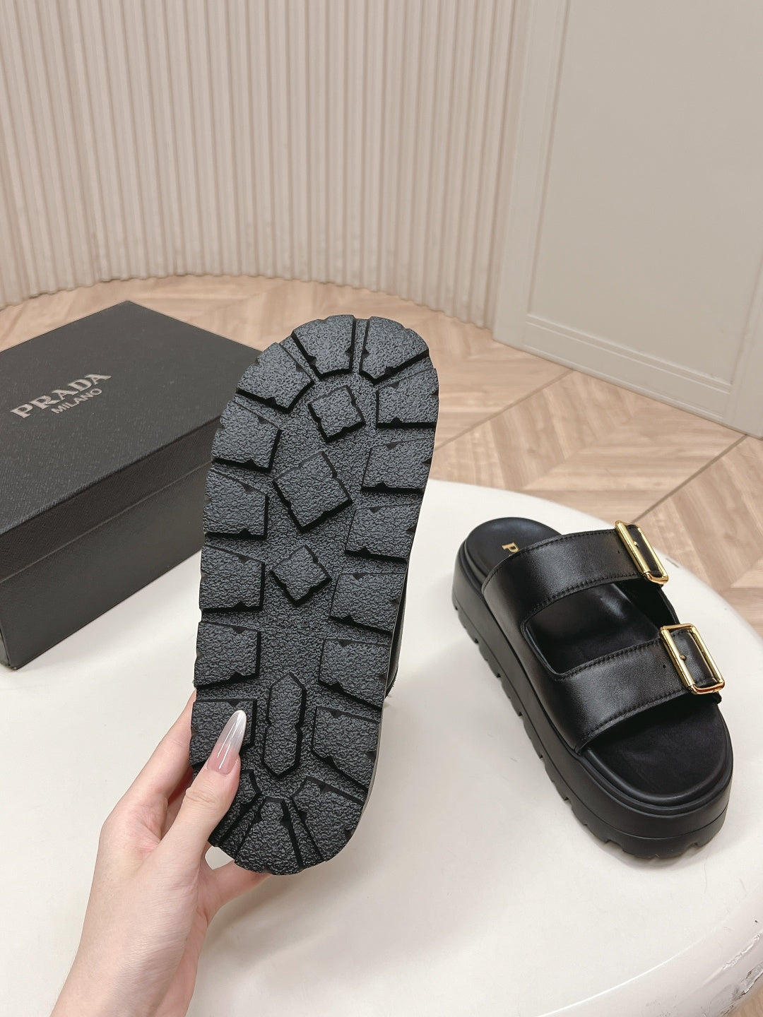 PRADA 26S DOUBLE STRAP PLATFORM SLIDES SANDALS IN BLACK CALFSKIN