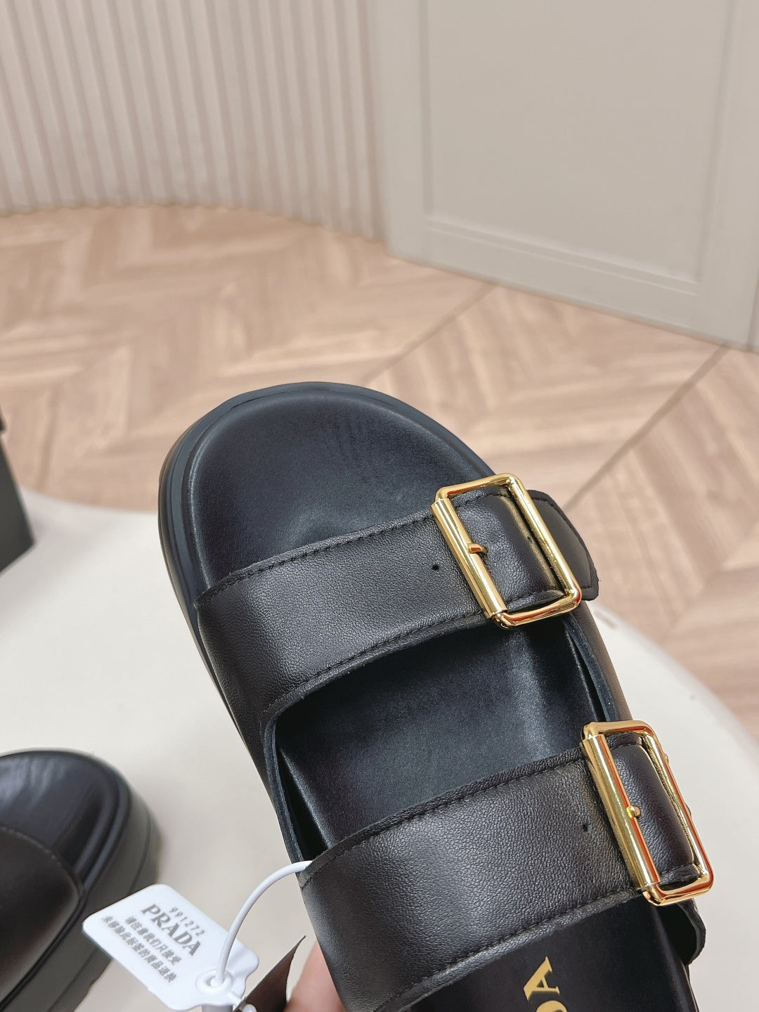 PRADA 26S DOUBLE STRAP PLATFORM SLIDES SANDALS IN BLACK CALFSKIN