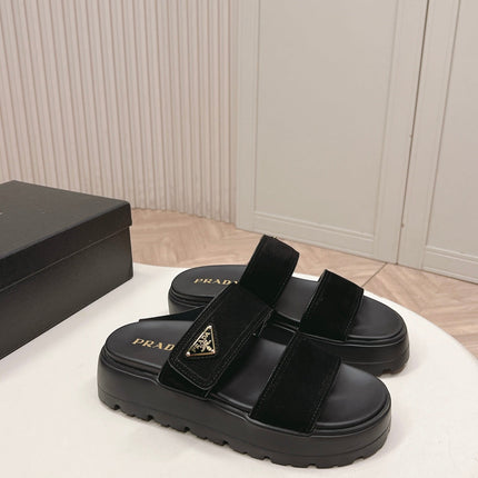 PRADA 26S DOUBLE STRAP PLATFORM SLIDES IN BLACK CALFSKIN WITH VELCRO