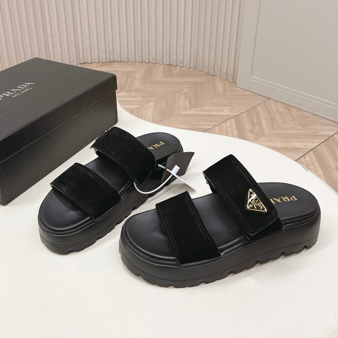 PRADA 26S DOUBLE STRAP PLATFORM SLIDES IN BLACK CALFSKIN WITH VELCRO
