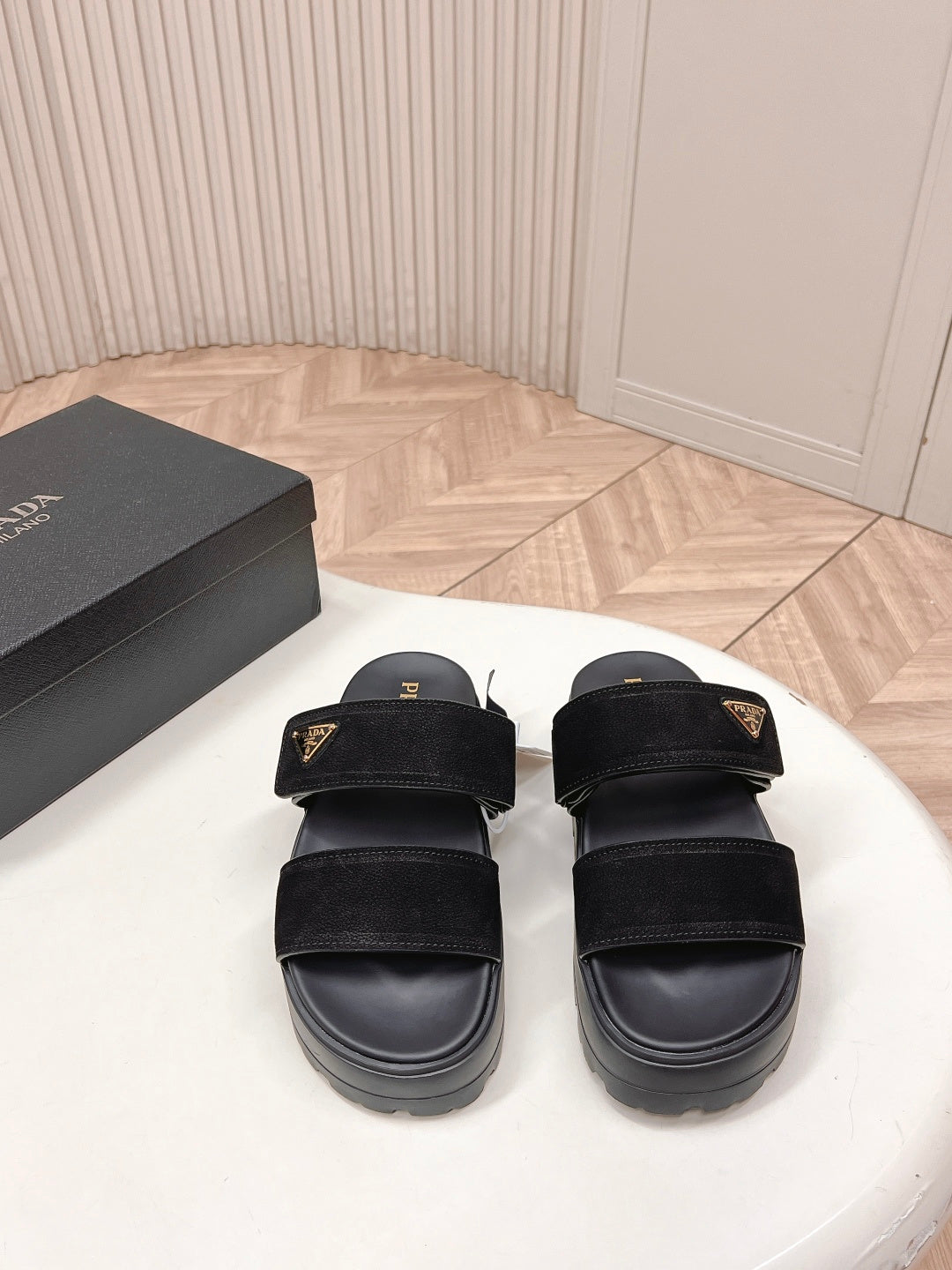 PRADA 26S DOUBLE STRAP PLATFORM SLIDES IN BLACK CALFSKIN WITH VELCRO