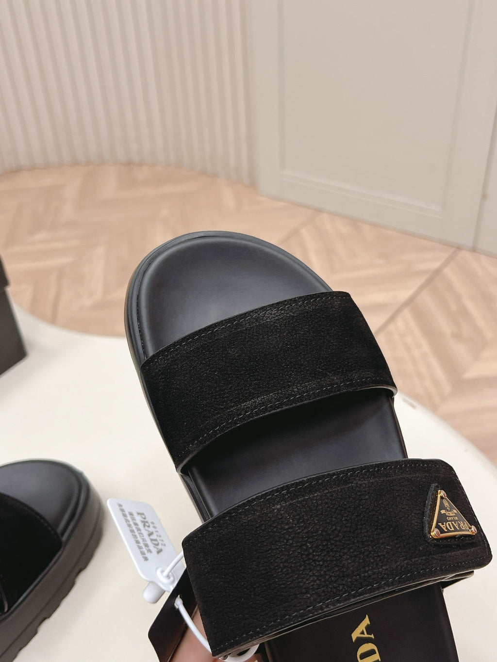 PRADA 26S DOUBLE STRAP PLATFORM SLIDES IN BLACK CALFSKIN WITH VELCRO