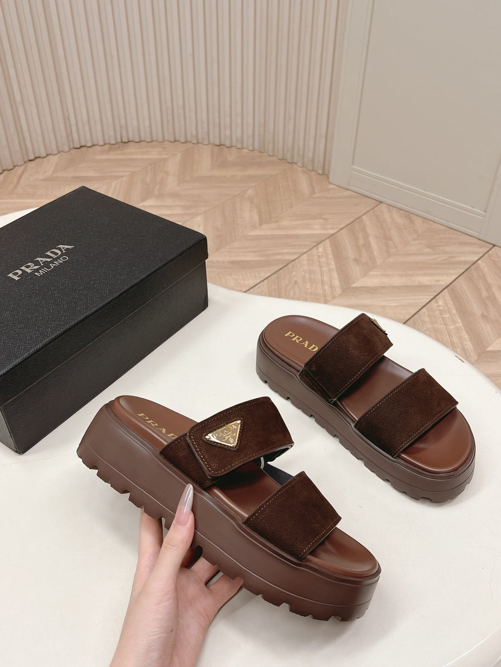 PRADA 26S DOUBLE STRAP PLATFORM SLIDES IN BROWN CALFSKIN WITH VELCRO