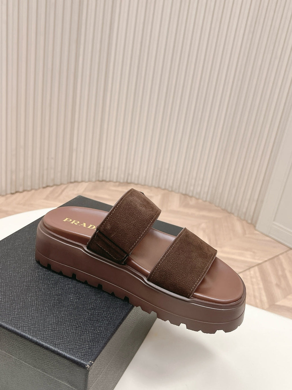 PRADA 26S DOUBLE STRAP PLATFORM SLIDES IN BROWN CALFSKIN WITH VELCRO