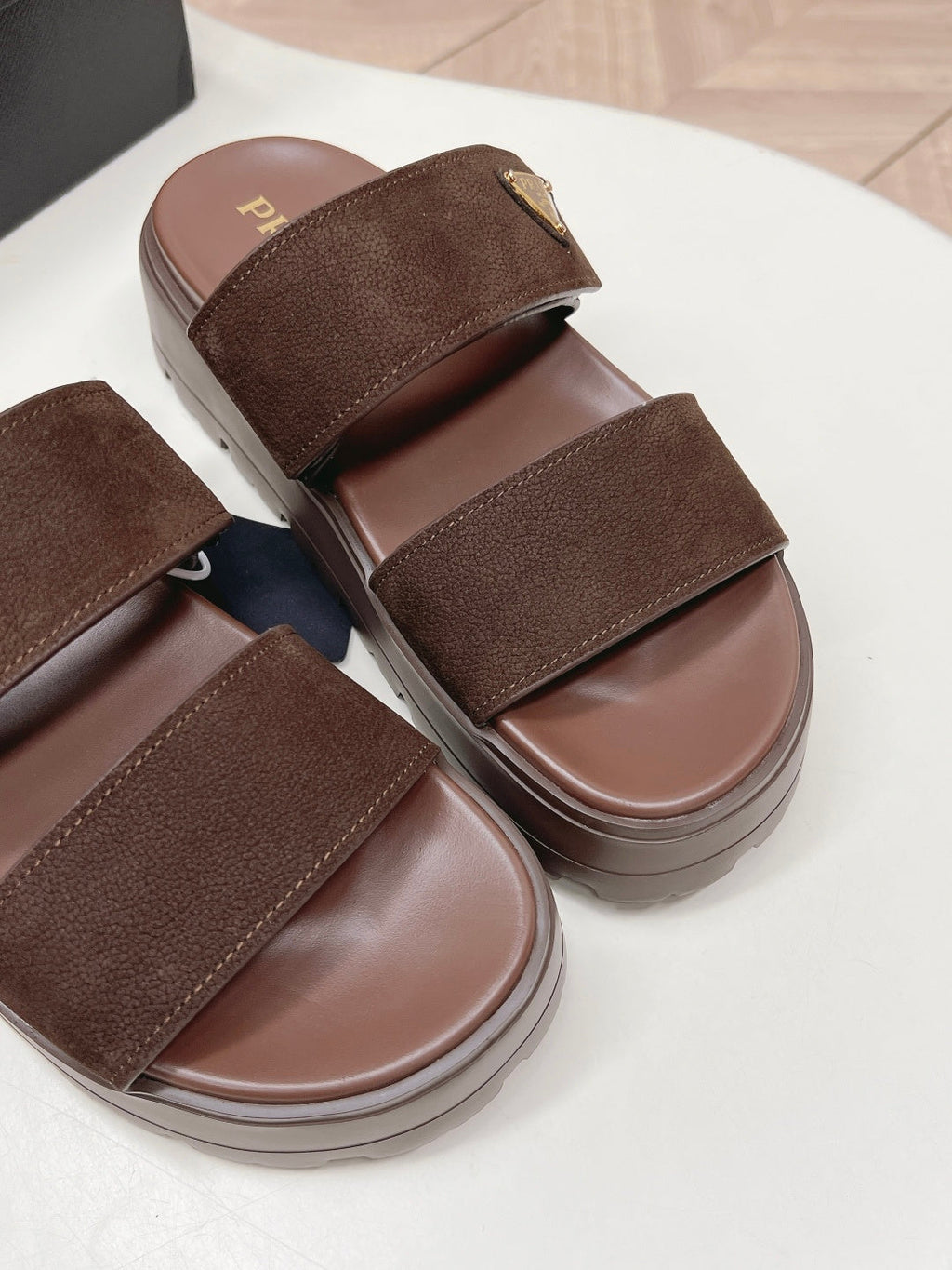PRADA 26S DOUBLE STRAP PLATFORM SLIDES IN BROWN CALFSKIN WITH VELCRO