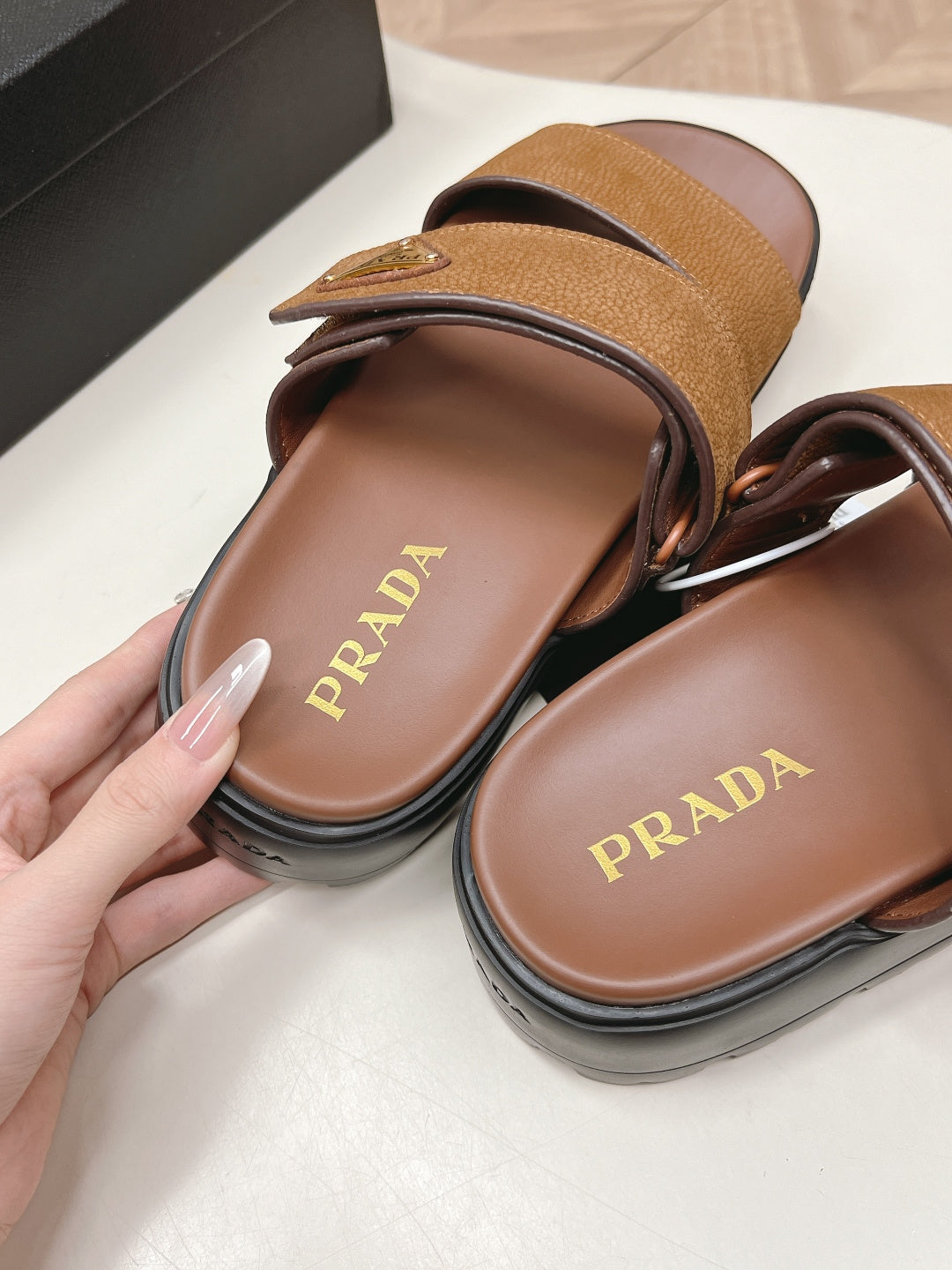 PRADA 26S DOUBLE STRAP PLATFORM SLIDES IN CARAMEL BROWN CALFSKIN WITH VELCRO