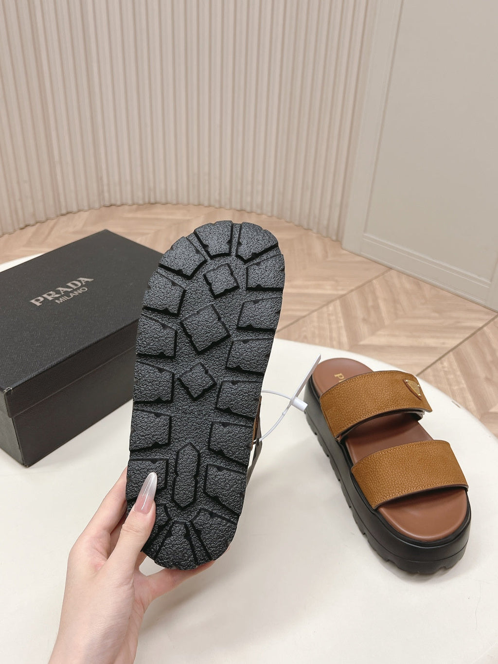 PRADA 26S DOUBLE STRAP PLATFORM SLIDES IN CARAMEL BROWN CALFSKIN WITH VELCRO