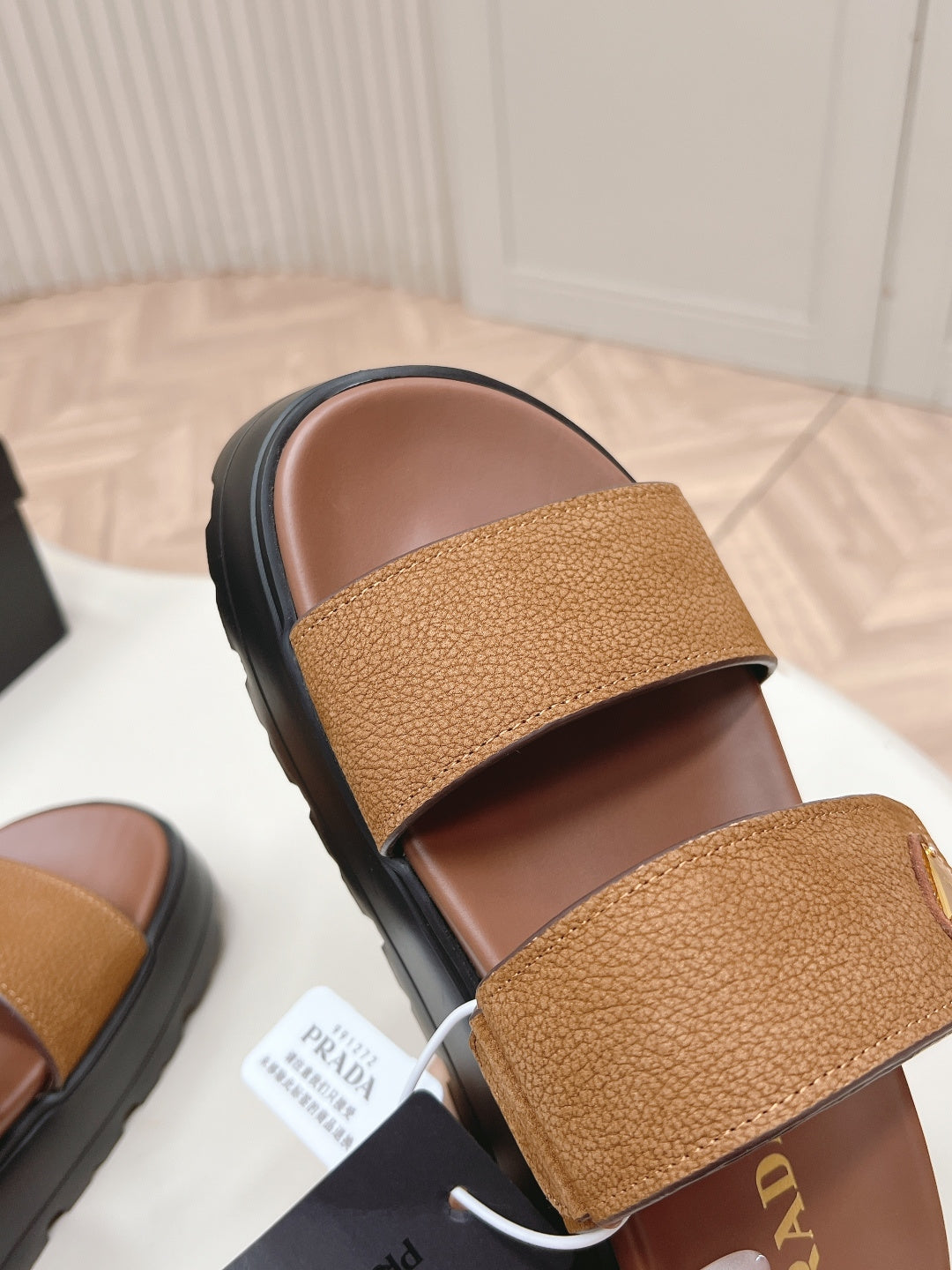 PRADA 26S DOUBLE STRAP PLATFORM SLIDES IN CARAMEL BROWN CALFSKIN WITH VELCRO