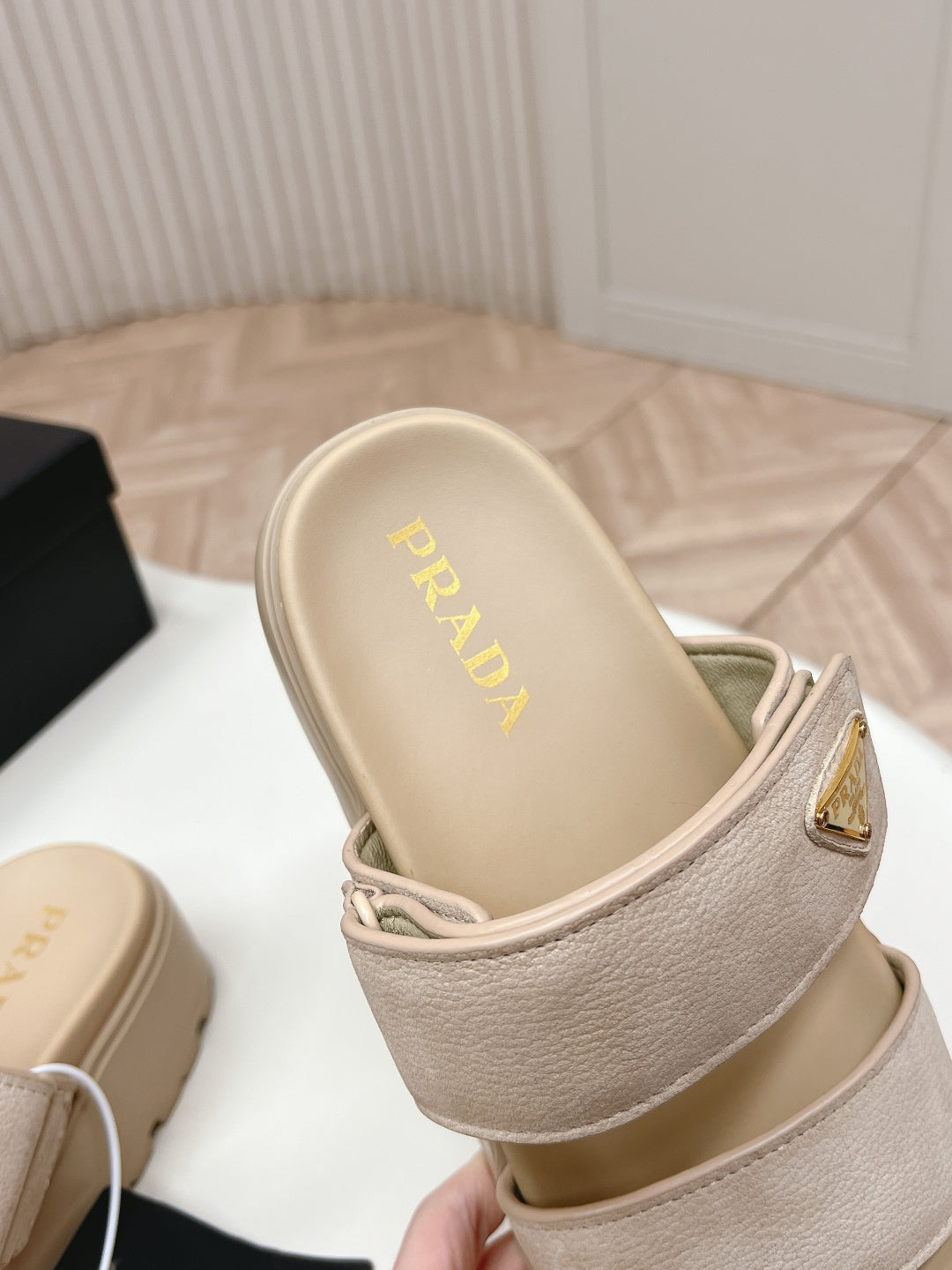 PRADA 26S DOUBLE STRAP PLATFORM SLIDES IN BEIGE CALFSKIN WITH VELCRO