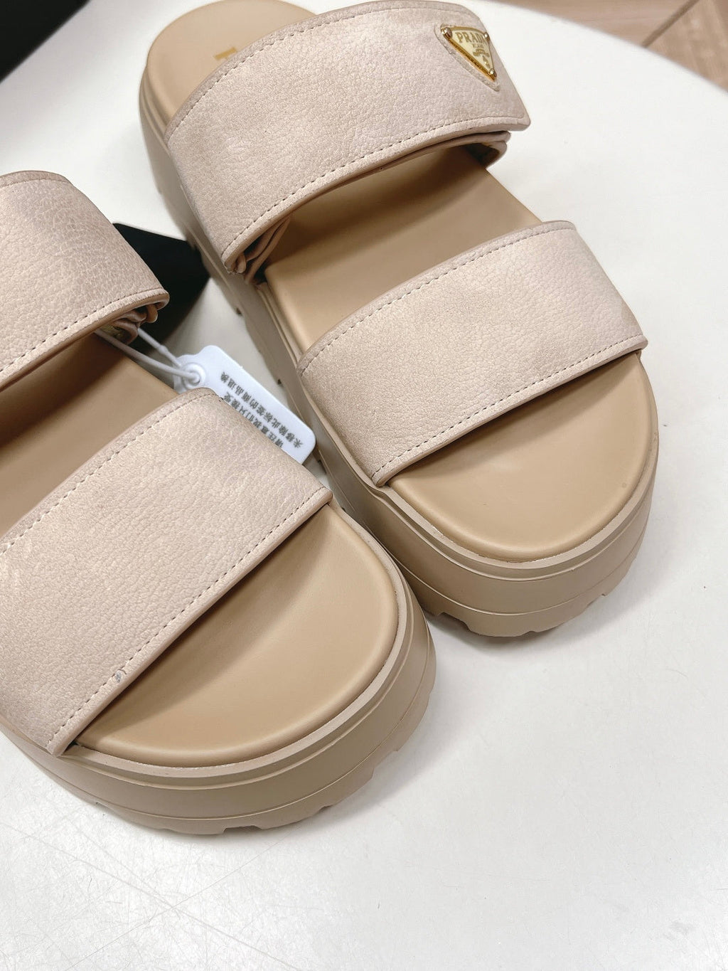 PRADA 26S DOUBLE STRAP PLATFORM SLIDES IN BEIGE CALFSKIN WITH VELCRO