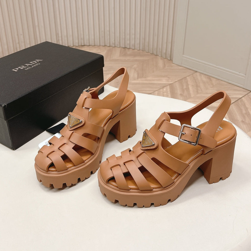 PRADA 26S CAGED PLATFORM HEEL SANDALS IN CARAMEL BROWN CALFSKIN