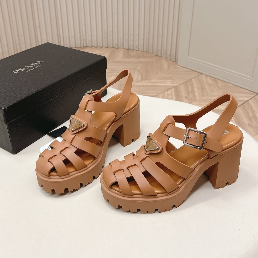 PRADA 26S CAGED PLATFORM HEEL SANDALS IN CARAMEL BROWN CALFSKIN