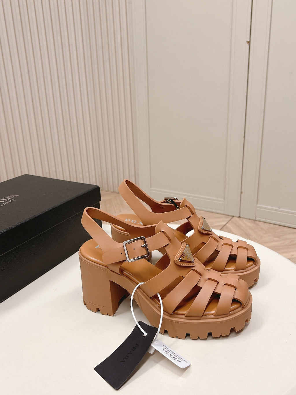 PRADA 26S CAGED PLATFORM HEEL SANDALS IN CARAMEL BROWN CALFSKIN