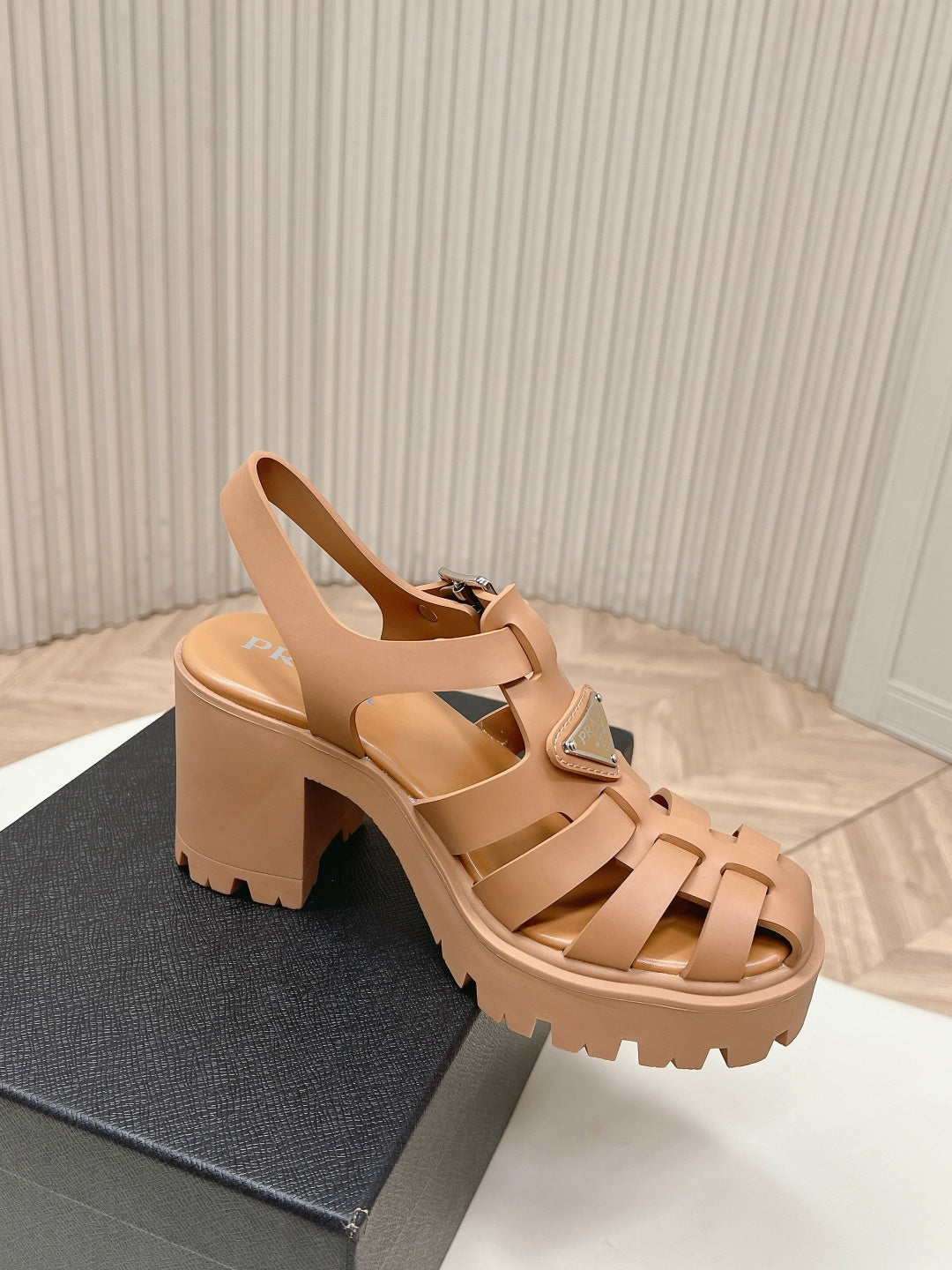 PRADA 26S CAGED PLATFORM HEEL SANDALS IN CARAMEL BROWN CALFSKIN