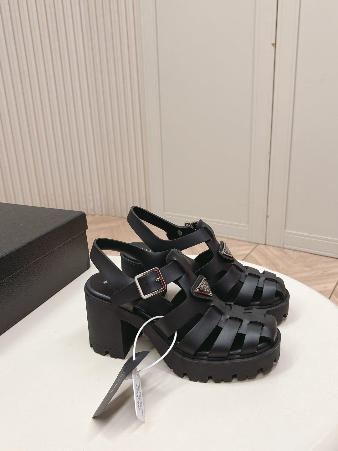 PRADA 26S CAGED PLATFORM HEEL SANDALS IN BLACK CALFSKIN