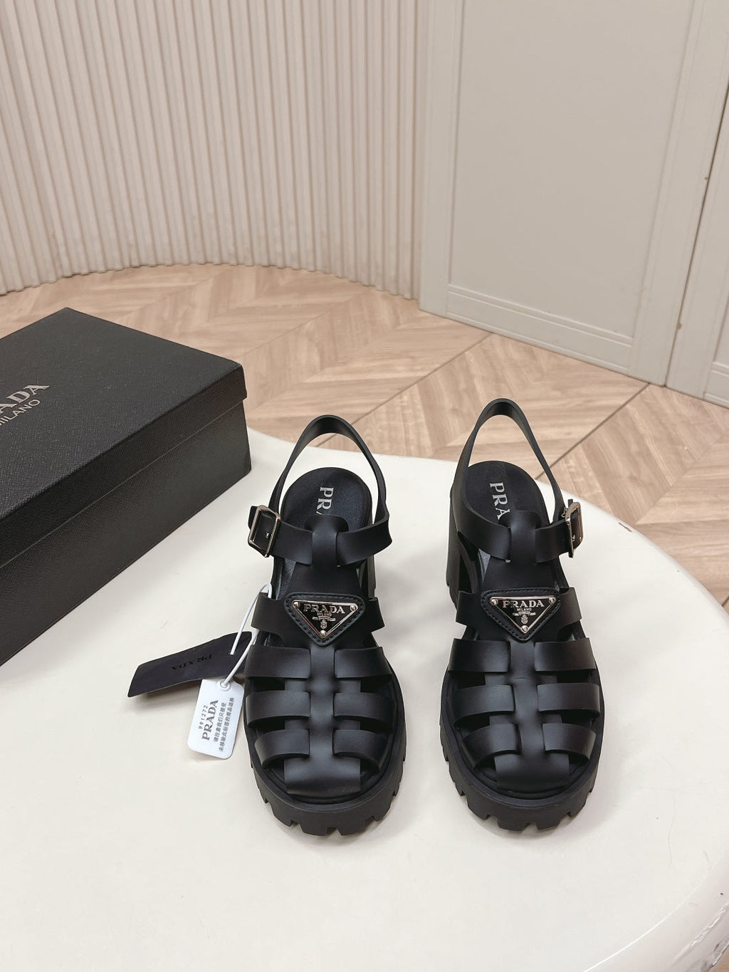 PRADA 26S CAGED PLATFORM HEEL SANDALS IN BLACK CALFSKIN
