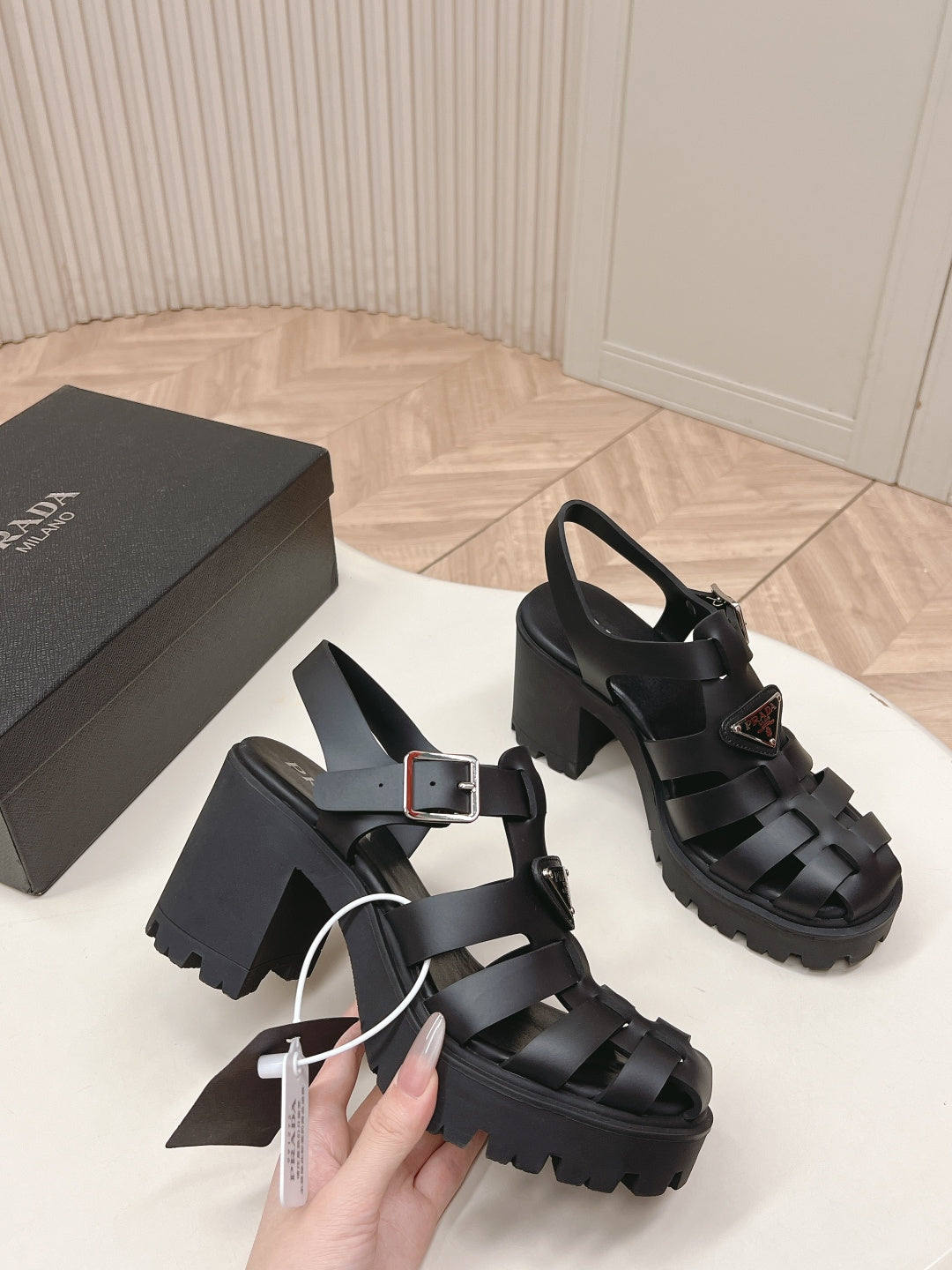 PRADA 26S CAGED PLATFORM HEEL SANDALS IN BLACK CALFSKIN