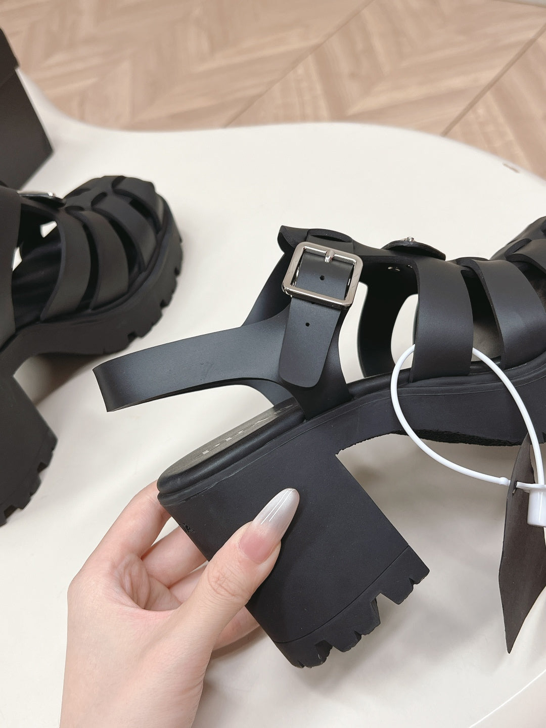 PRADA 26S CAGED PLATFORM HEEL SANDALS IN BLACK CALFSKIN