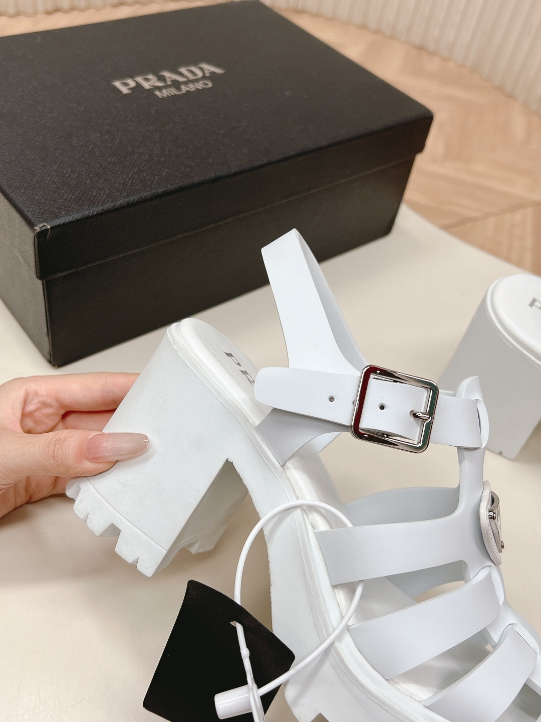 PRADA 26S CAGED PLATFORM HEEL SANDALS IN WHITE CALFSKIN