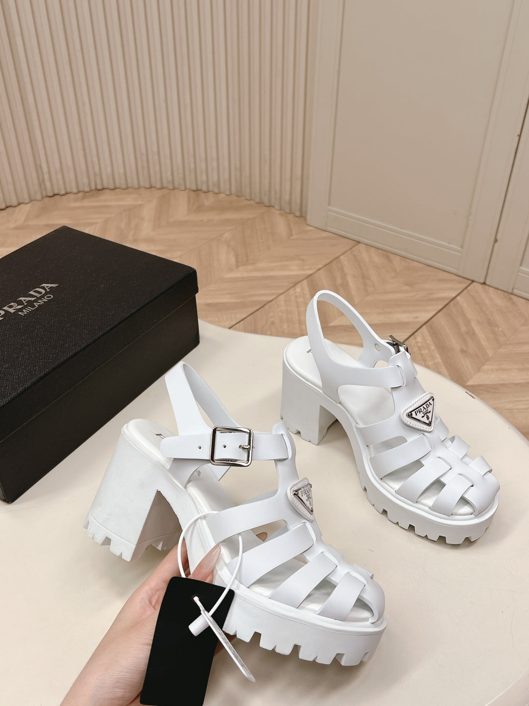 PRADA 26S CAGED PLATFORM HEEL SANDALS IN WHITE CALFSKIN