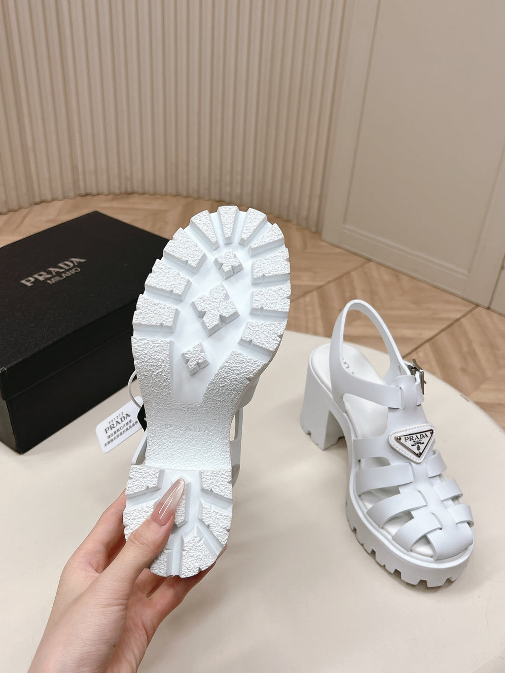 PRADA 26S CAGED PLATFORM HEEL SANDALS IN WHITE CALFSKIN