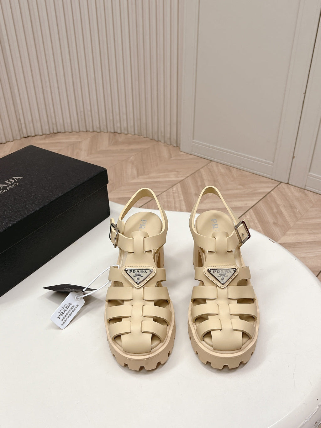 PRADA 26S CAGED PLATFORM HEEL SANDALS IN BEIGE CALFSKIN