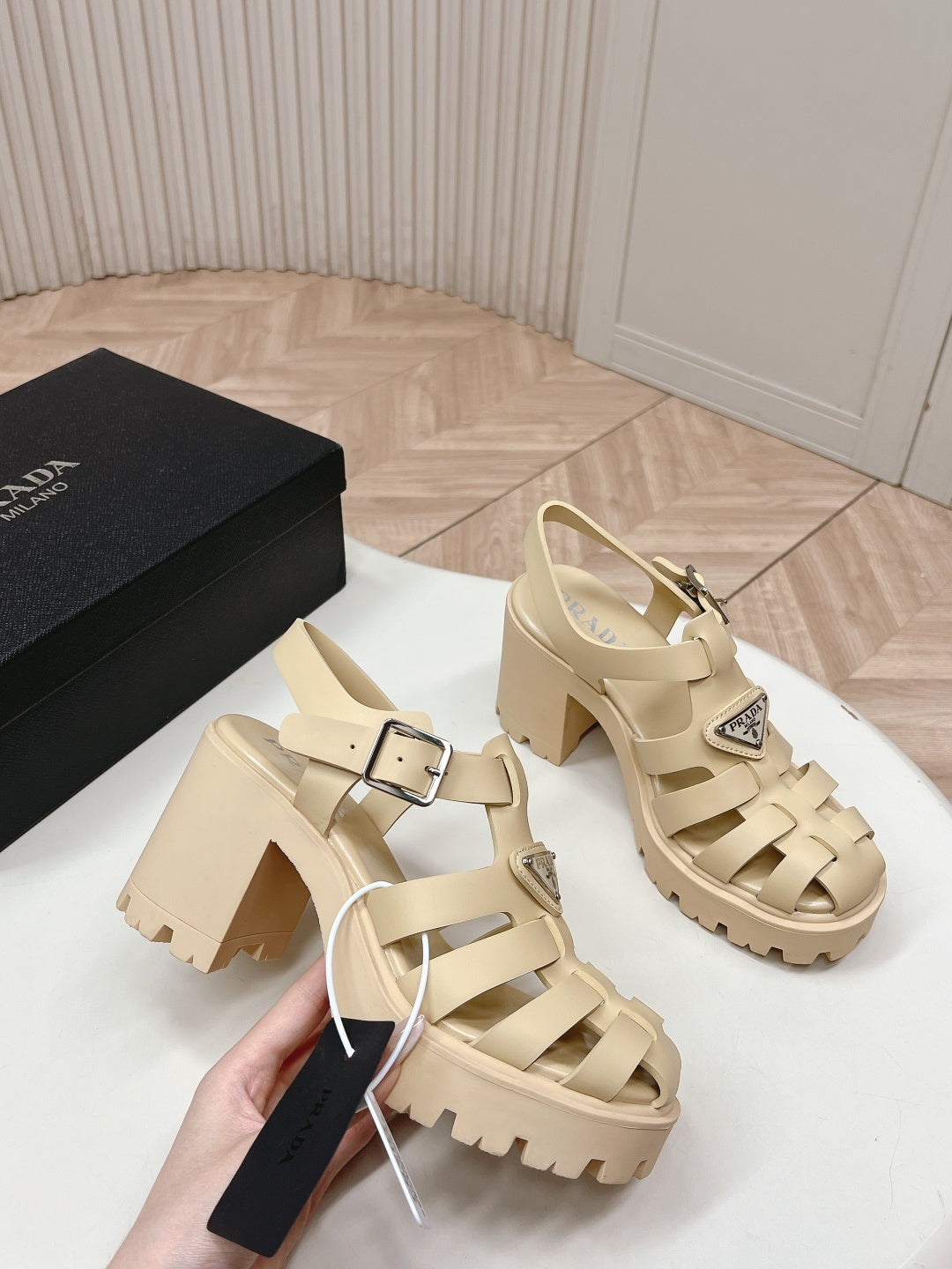 PRADA 26S CAGED PLATFORM HEEL SANDALS IN BEIGE CALFSKIN