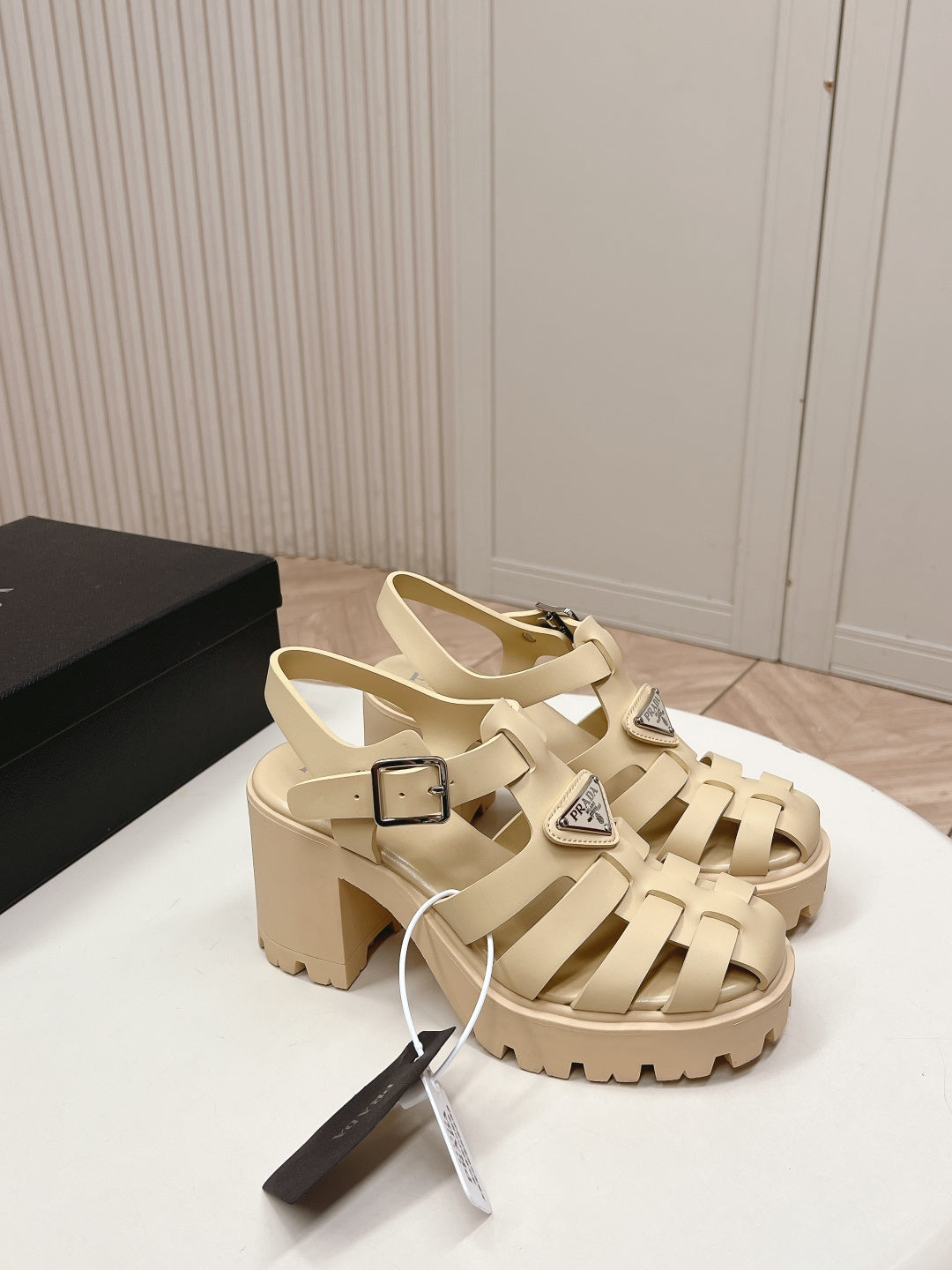 PRADA 26S CAGED PLATFORM HEEL SANDALS IN BEIGE CALFSKIN