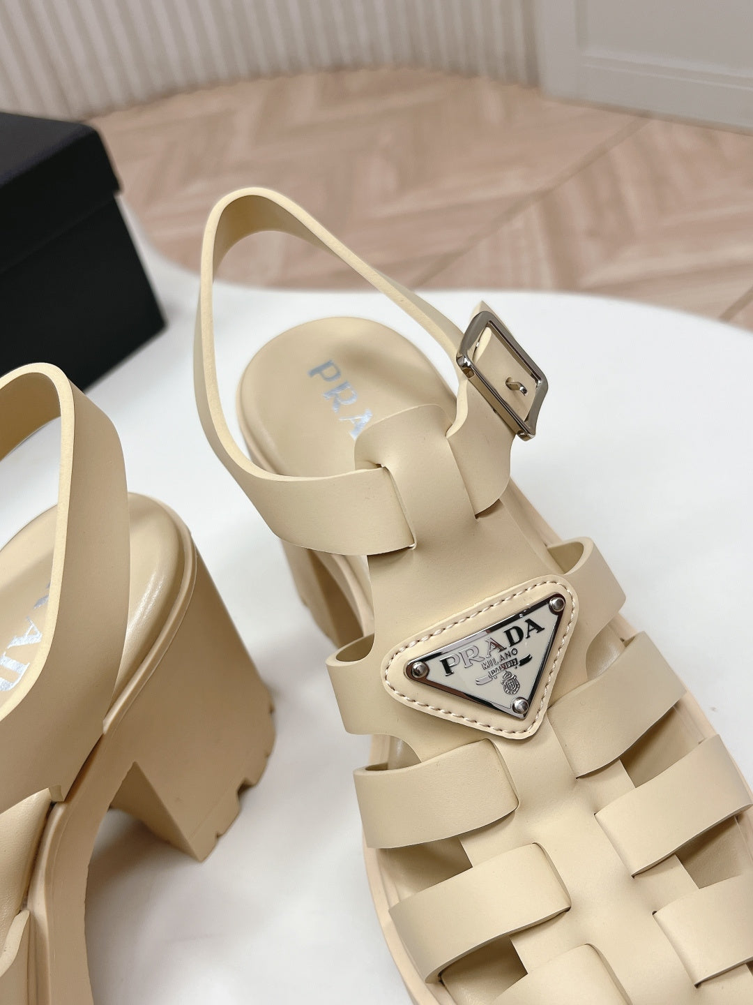 PRADA 26S CAGED PLATFORM HEEL SANDALS IN BEIGE CALFSKIN