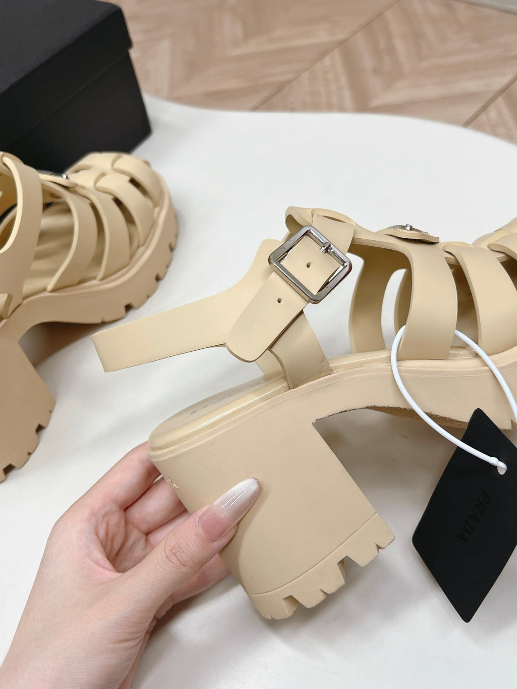 PRADA 26S CAGED PLATFORM HEEL SANDALS IN BEIGE CALFSKIN