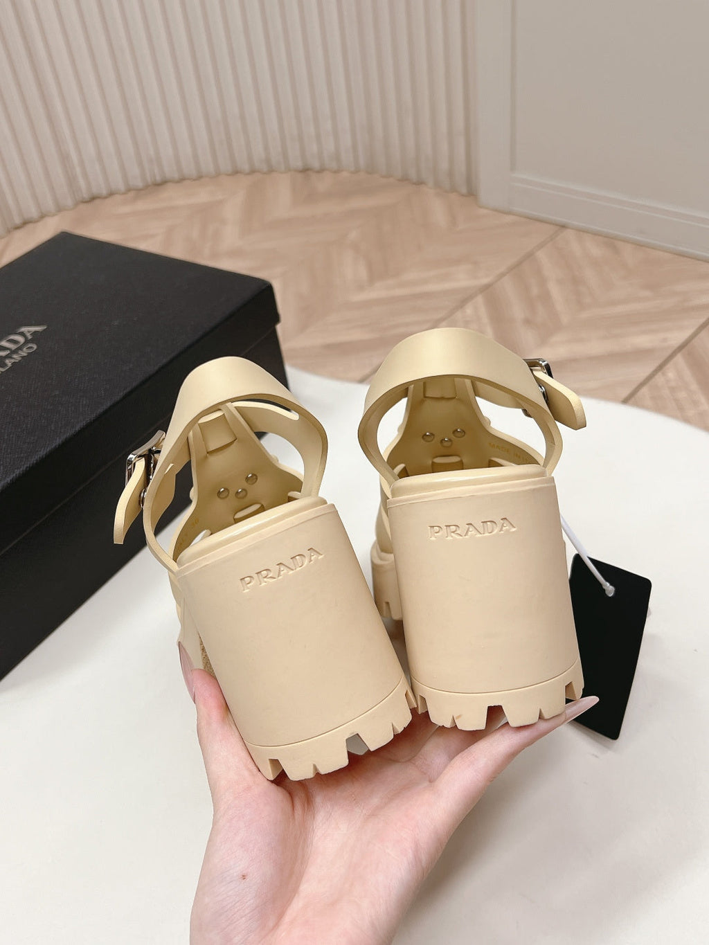 PRADA 26S CAGED PLATFORM HEEL SANDALS IN BEIGE CALFSKIN