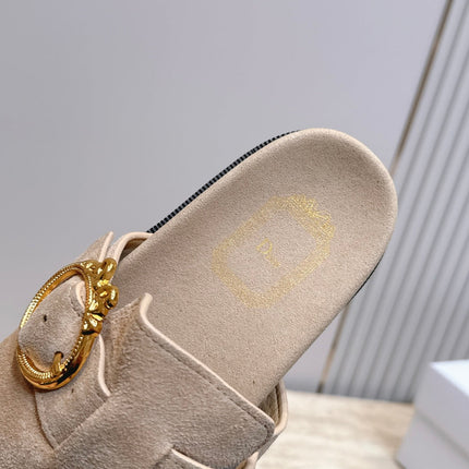 DIOR 26S BUCKLE MULE LOAFERS IN BEIGE SUEDE GOLD HARDWARE
