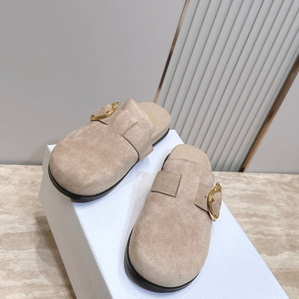 DIOR 26S BUCKLE MULE LOAFERS IN BEIGE SUEDE GOLD HARDWARE