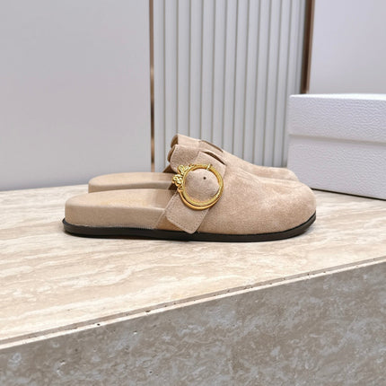 DIOR 26S BUCKLE MULE LOAFERS IN BEIGE SUEDE GOLD HARDWARE