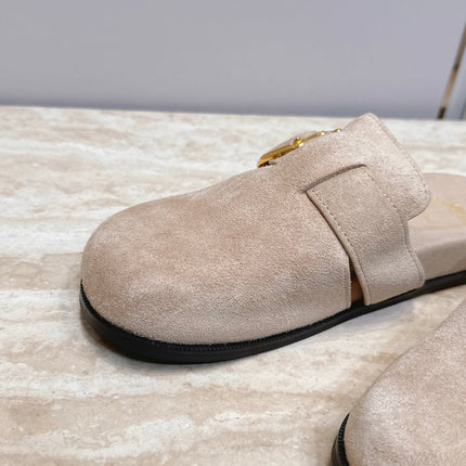 DIOR 26S BUCKLE MULE LOAFERS IN BEIGE SUEDE GOLD HARDWARE