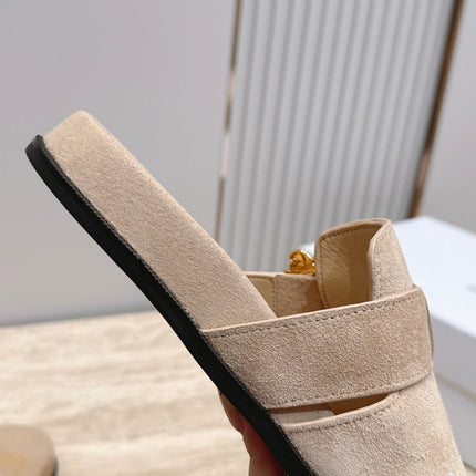 DIOR 26S BUCKLE MULE LOAFERS IN BEIGE SUEDE GOLD HARDWARE