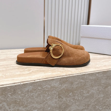 DIOR 26S BUCKLE MULE LOAFERS IN CARAMEL BROWN SUEDE GOLD HARDWARE