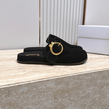 DIOR 26S BUCKLE MULE LOAFERS IN BLACK SUEDE GOLD HARDWARE