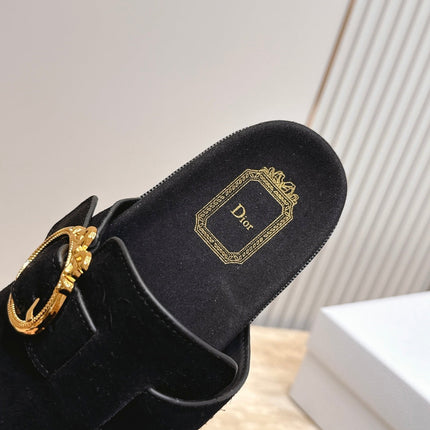 DIOR 26S BUCKLE MULE LOAFERS IN BLACK SUEDE GOLD HARDWARE