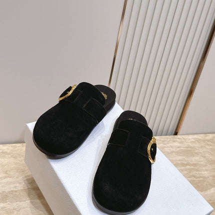 DIOR 26S BUCKLE MULE LOAFERS IN BLACK SUEDE GOLD HARDWARE