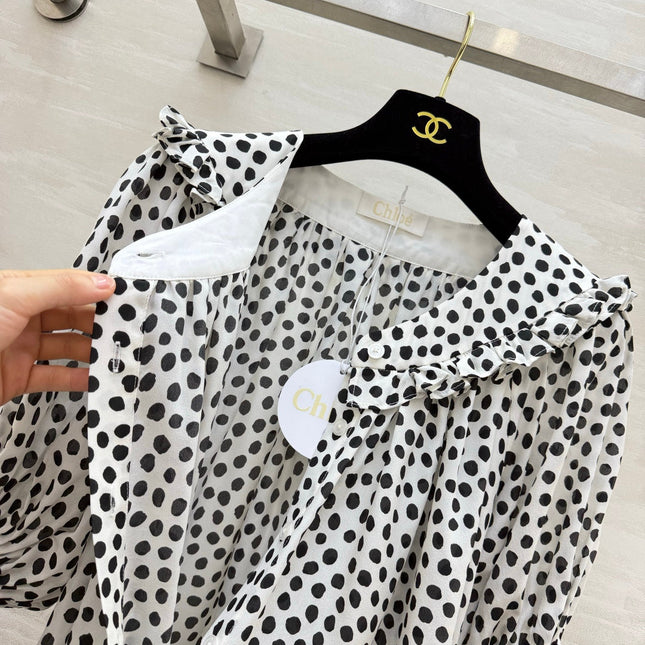 CHLOE 26S PLEATED SILK POLKA DOT BLOUSE STYLE 28