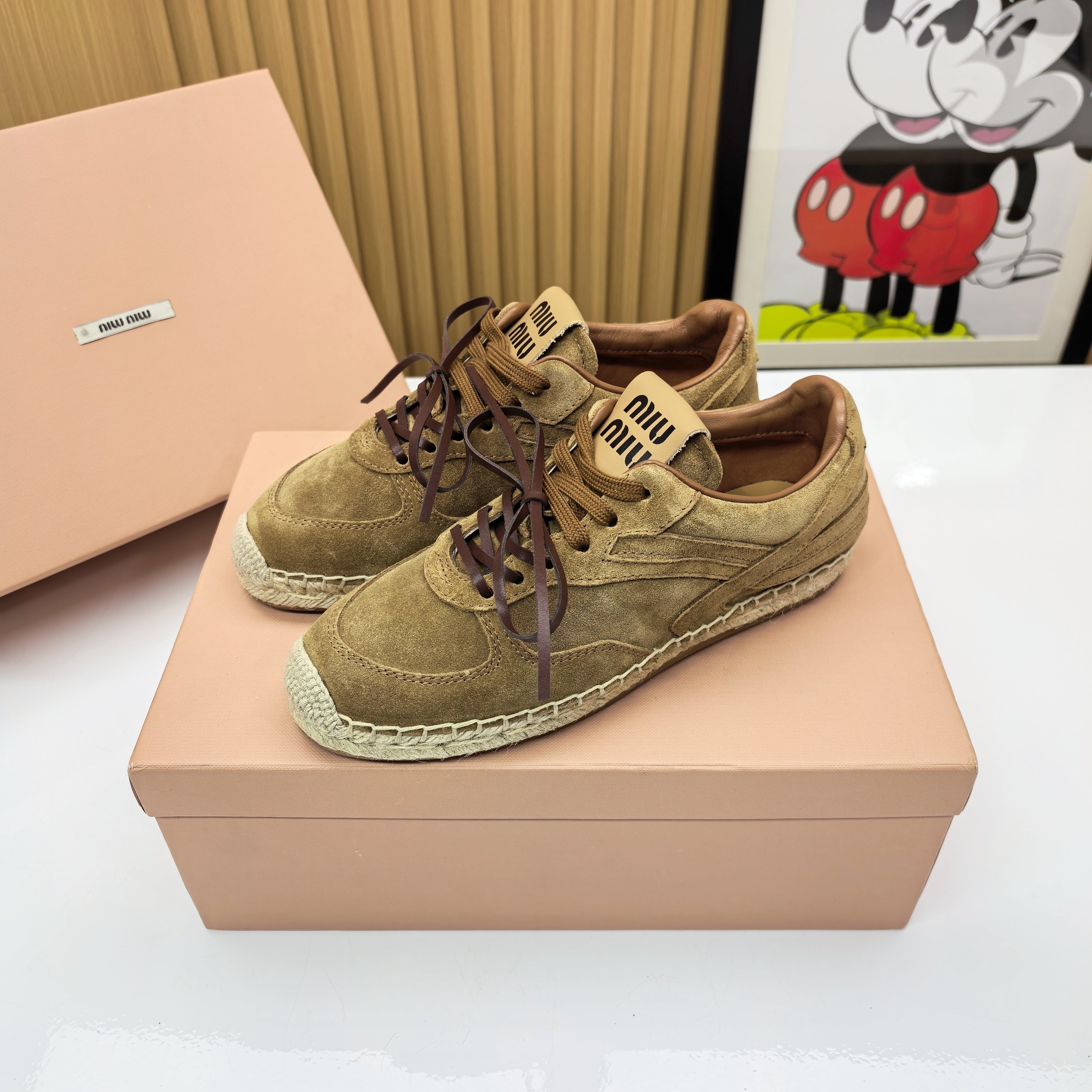 MIUMIU 26S LACE UP ESPADRILLE SNEAKERS IN BROWN SUEDE ROPE SOLE