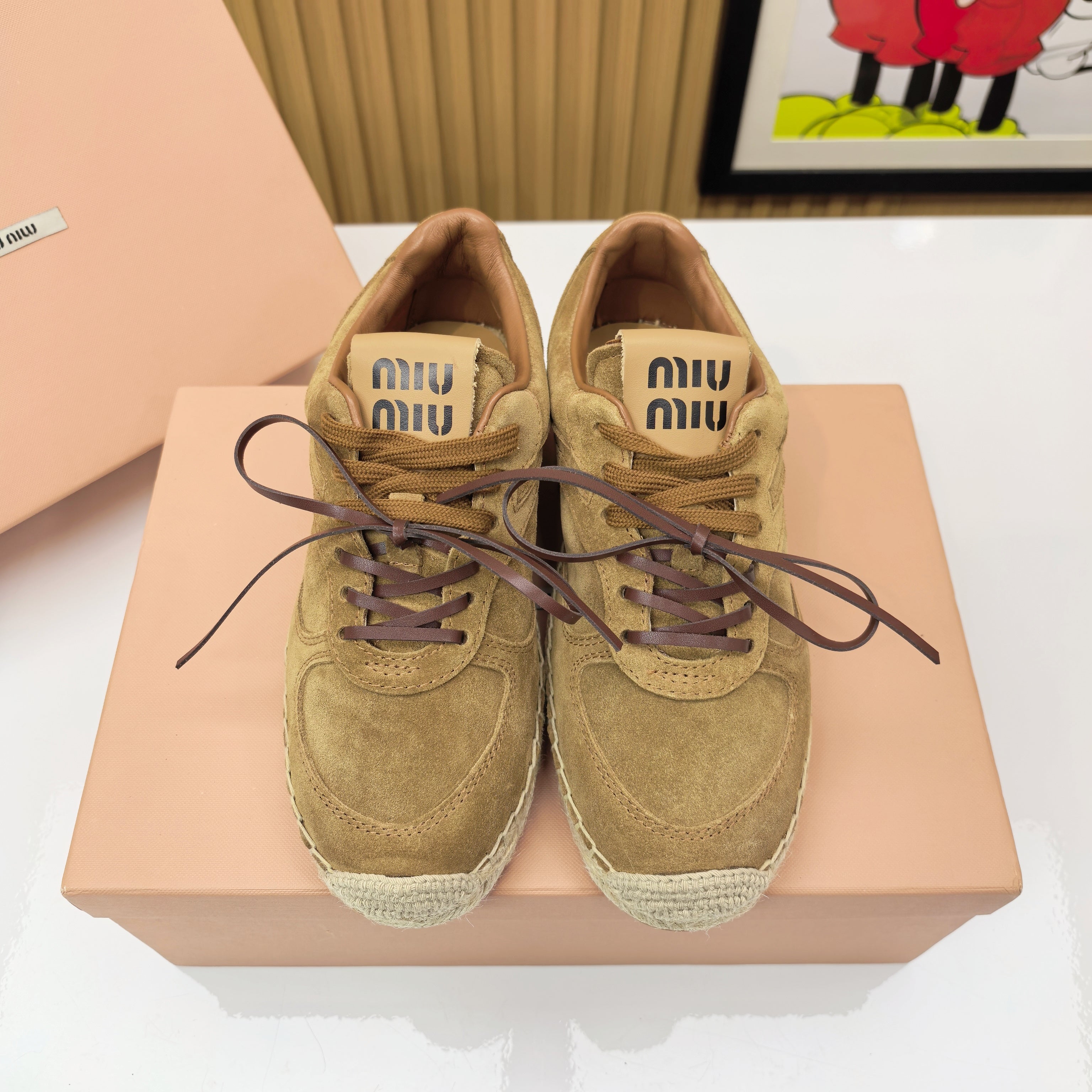 MIUMIU 26S LACE UP ESPADRILLE SNEAKERS IN BROWN SUEDE ROPE SOLE