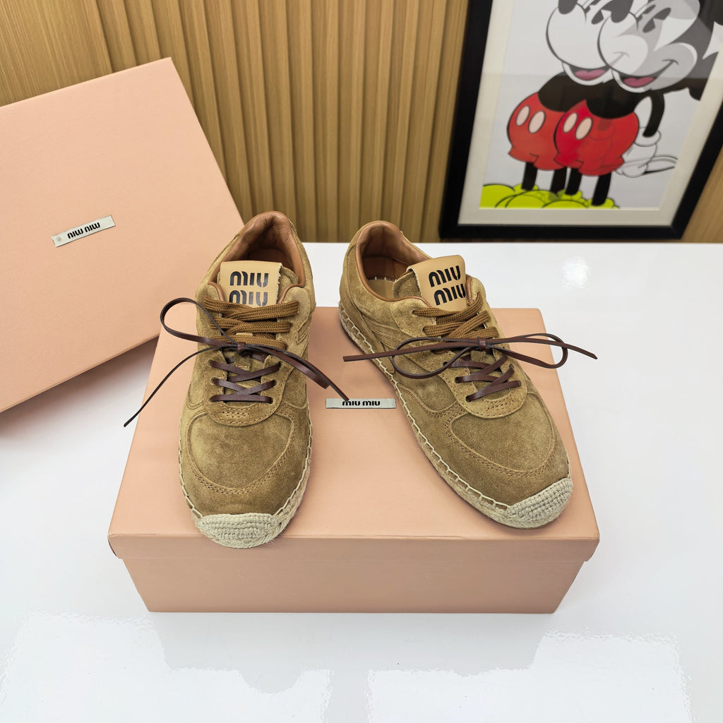 MIUMIU 26S LACE UP ESPADRILLE SNEAKERS IN BROWN SUEDE ROPE SOLE